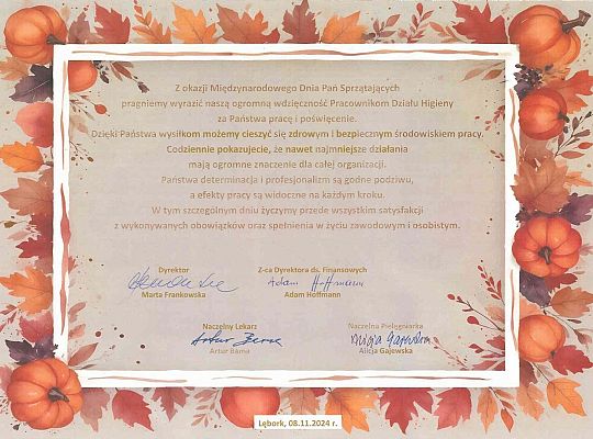 08.11.2024 r. - życzenia dla Pracowników Działu Higieny