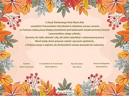 15.10.2024 r. - Życzenia dla Pracowników Działu Sterylizacji