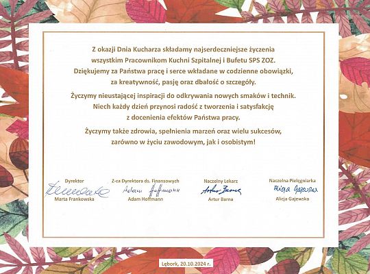 20.10.2024 r. - życzenia dla Pracowników Kuchni Szpitalnej i Bufetu eRka