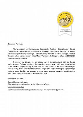 Złoty medal w Rankingu "Maluchy na Brzuchy 2024"