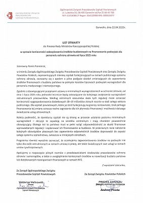 List otwarty Ogólnopolskiego Związku Pracodawców Szpitali Powiatowych