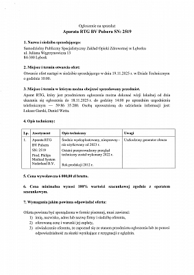 Ogłoszenie o sprzedaży aparatu RTG